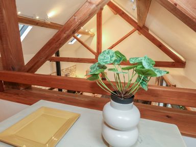 A loft with wooden beams and a plant on a table at Frome Gazey Barn in Frampton