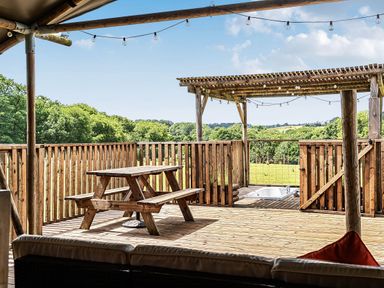 An outdoor area with a table and benches at Luxury Safari Lodge Sleeps 4/6 Deer Park Dogs Ok Zeal Monachorum near Bow