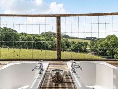 A bathroom with bathtubs and a view of the outdoor area at Luxury Safari Lodge Sleeps 4/6 Deer Park Dogs Ok Zeal Monachorum near Bow