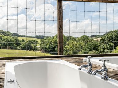 A bathroom with bathtubs and a view at Luxury Safari Lodge Sleeps 4/6 Deer Park Dogs Ok Zeal Monachorum near Bow