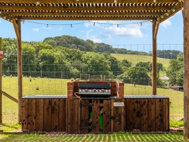 An outdoor grill in a wooden structure at Luxury Safari Lodge Sleeps 4/6 Deer Park Dogs Ok Zeal Monachorum near Bow