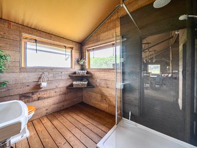 A bathroom with a shower and toilet at Luxury Safari Lodge Sleeps 4/6 Deer Park Dogs Ok Zeal Monachorum near Bow