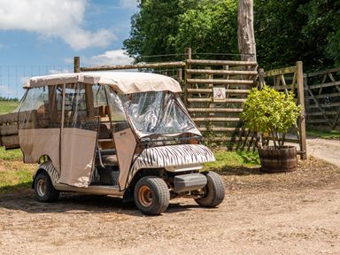 A golf cart parked near a gate at Luxury Safari Lodge Sleeps 4/6 Deer Park Dogs Ok Zeal Monachorum near Bow