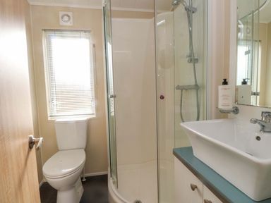 A bathroom with a shower, toilet, and sink at 56 The Stables Pwllheli