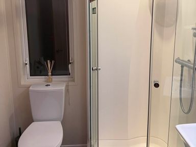 A bathroom with a toilet and a shower at The Stables in Pwllheli