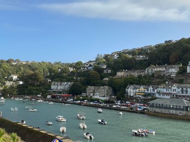 A view of boats on water with houses and trees along the hillside at Nesden House in Looe