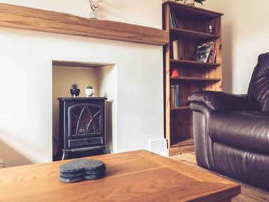 A living room with a fireplace and bookshelf at 3Bed Cottage Plymouth Dog friendly Sleeps7 in Plymouth