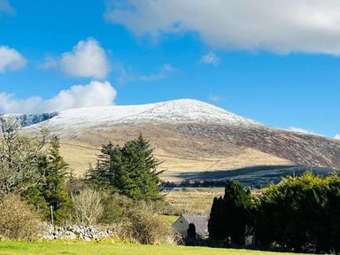 A view of a mountain with snow and trees at a property near Penygroes