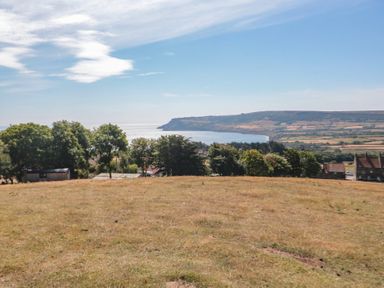 A view of the ocean and cliff with trees and houses at Owls Roost in Robin Hood’s Bay