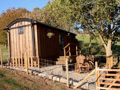 A cabin with steps and a chair in an outdoor setting at Owls Roost in Robin Hood’s Bay