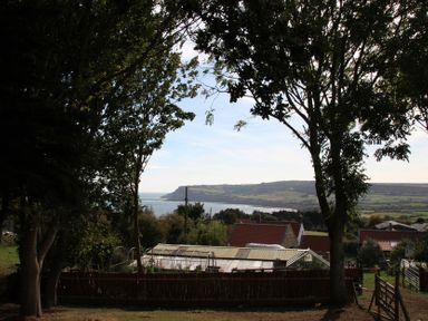 A view of the sea and hills with trees at Owls Roost in Robin Hood’s Bay