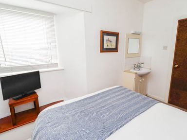 A bedroom with a bed, television, and sink at Spinnaker