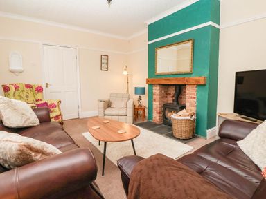 A living room with a fireplace and sofa at Westgate Willows in Nafferton