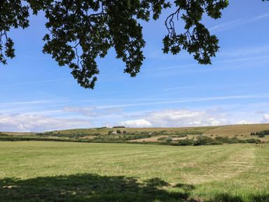 A field with grass and trees under a blue sky at The Hideaway in Portesham