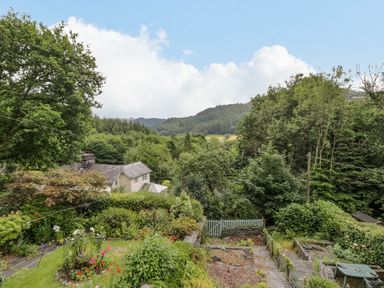 A garden with flowers and trees overlooking mountains at Awelfryn in Betws-y-Coed