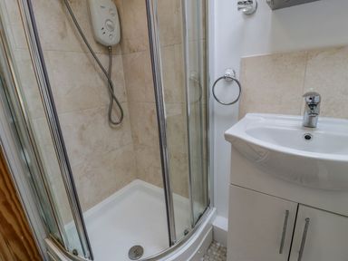 A bathroom with a shower and sink at Awelfryn in Betws-y-Coed