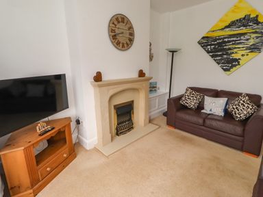 A living room with a fireplace and sofa at 19 Dunstan View in Seahouses