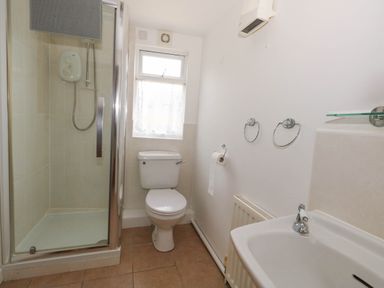 A bathroom with a shower, toilet, and sink at Greenwich Cottage in Burton Bradstock