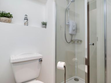 A bathroom with a shower and toilet at Iris at Stancombe Manor, Sherford near Chillington