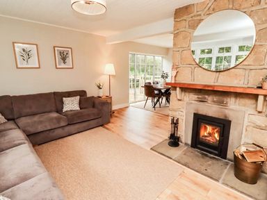 A living room with a sofa and fireplace at Hedley Dene Cottage in Longhorsley