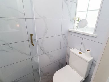 A bathroom with a toilet and shower at Hedley Dene Cottage Longhorsley