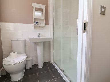 A bathroom with a shower and sink at Manning's View in Barnstaple