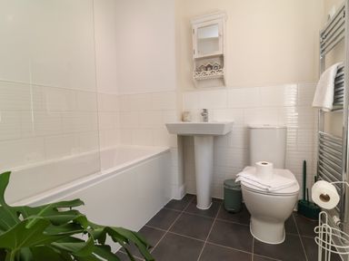 A bathroom with a sink, toilet, and bathtub at Manning's View Barnstaple