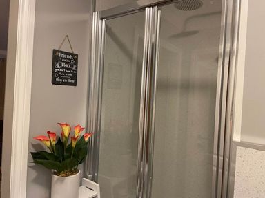 A bathroom with a shower and a flower pot at Blairgowrie Luxury 3 Bed Lodge with Hot Tub, Blairgowrie