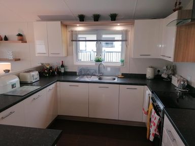 A kitchen with sink and appliances at Seaside Lodge Retreat in Eyemouth