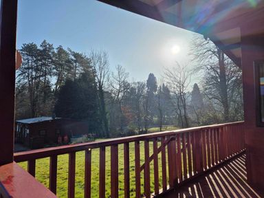A view of trees and grass from a deck with sunlight at the property in Builth Wells