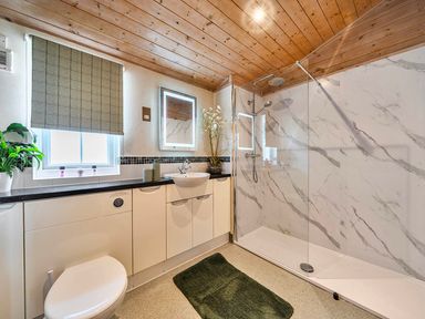 A bathroom with a shower and sink at Alpaca Farm Valley Views Sleeps 4 Parking Pets Husthwaite