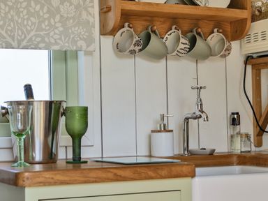 A kitchen with mugs on a shelf and glassware on the countertop at Cosy Luxury Owls Roost Hut with Private Hot Tub near Little Deptford Farm