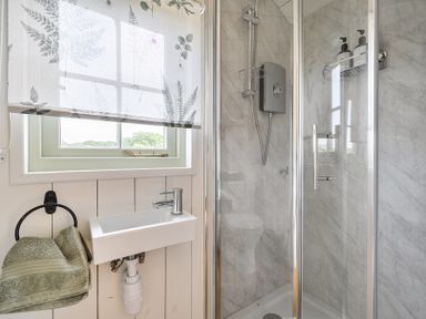 A bathroom with a shower and sink at Cosy Luxury Owls Roost Hut with Private Hot Tub near Little Deptford Farm