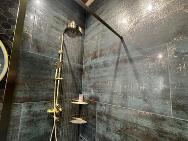A shower setup with a showerhead and soap dispenser in a bathroom