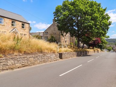 A street scene with houses and a tree at Cooper's Cottage in Morpeth