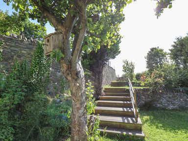 A garden with a tree, birdhouse, and wooden stairs at Dewi Villa Apartment Aberaeron