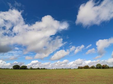 A clear field under a blue sky with clouds at Cherry Lodge Battisford near Stowmarket