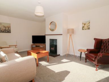 A living room with a TV and fireplace at Wilpol in Llanerchymedd