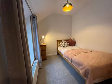 A bedroom with a bed and a lamp at Charming 3Bed Cottage  Private Garden Parking in Torquay