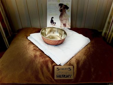 A pet area with a bed, bowl, blanket, and information sheet at Stunning Sleeps 6 Luxury Lodge Pets Mercia Marina near Willington, Derbyshire