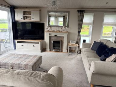 A living room with television and fireplace at Harrogate Lodge Sleeps4 South Facing Decking Lufflands Caravan Park near Holsworthy