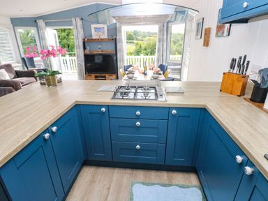 A kitchen with a stove and table at Pleasant Valley Holiday Lodge 70 Stepaside