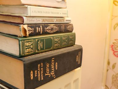 A stack of books including titles by Jane Austen at Blue Cottage in Malton