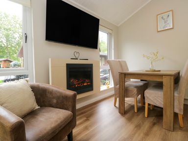 A living room with an armchair, table, and fireplace at Fir Tree Lodge, White Cross bay on Windermere, Troutbeck Bridge