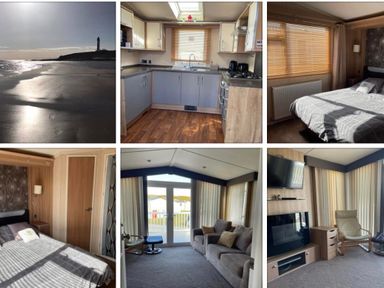 A beach view, kitchen with appliances and living area with sofa at Silversands Holiday Park, Indi’s Retreat at Silversands Helston