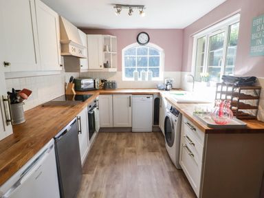 A kitchen with appliances and cabinets at Ty'r Wennol in Fishguard