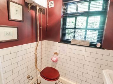 A bathroom with a toilet and window at Ty'r Wennol in Fishguard