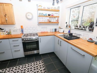 A kitchen with a stove and shelving at 11 Church Street Narberth