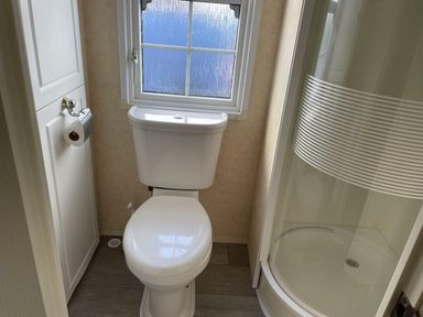 A bathroom with a toilet and shower at Chalet Sleeps 4 Near Cymyran Beach in Caergeiliog