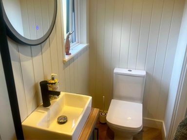 A bathroom with a sink and toilet at Peaceful Shepherd Hut near Clovelly